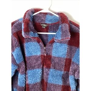 Eddie Bauer Sherpa Fleece XL Women's Sweatshirt Blue Red Plaid 1/4 Zip Shacket